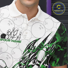 Load image into Gallery viewer, Left chest close-up of a white bowling polo shirt displaying green camo-inspired bowling artwork.