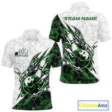 Load image into Gallery viewer, Front and back views of a white mens bowling polo shirt featuring bowling ball and pin graphics with sharp green camo streaks.
