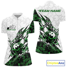 Load image into Gallery viewer, Front and back views of a white womens bowling quarter-zip shirt featuring bowling ball and pin artwork with sharp green camo streaks.