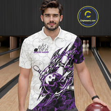 Load image into Gallery viewer, Male model wearing a white bowling polo shirt at the lane with purple camo-inspired bowling graphics.