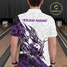 Load image into Gallery viewer, Back view of a male model in a white bowling polo shirt displaying purple camo streak bowling artwork.