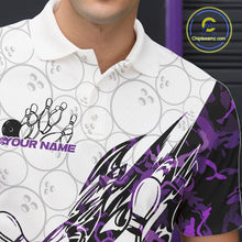 Load image into Gallery viewer, Close-up left chest detail of a white bowling polo shirt featuring purple camo accents and bowling motifs.