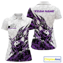 Load image into Gallery viewer, Front and back views of a white womens bowling polo shirt featuring bowling pins and a ball with sharp purple camo streaks.