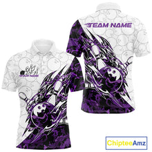 Load image into Gallery viewer, Front and back views of a white mens bowling polo shirt showcasing bowling pins and a ball with sharp purple camo streaks.