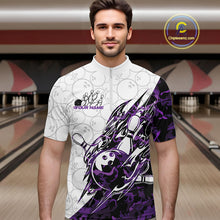 Load image into Gallery viewer, Male model wearing a white bowling quarter-zip shirt at the bowling lane with bowling ball and pin graphics accented by sharp purple camo streaks.