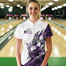 Load image into Gallery viewer, Female model wearing a white bowling quarter-zip shirt at the bowling lane with purple camo bowling graphics and faint ball patterns.