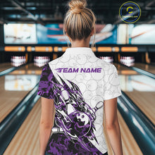 Load image into Gallery viewer, Back view of a female model in a white bowling quarter-zip shirt featuring purple camo accents and bowling artwork.