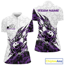 Load image into Gallery viewer, Front and back views of a white womens bowling quarter-zip shirt showcasing bowling pins and a ball with sharp purple camo streaks.