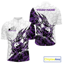 Load image into Gallery viewer, Front and back views of a white mens bowling quarter-zip shirt showcasing bowling pins and a ball with sharp purple camo streaks and a faint bowling ball pattern.