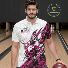 Load image into Gallery viewer, Male model wearing a white bowling polo shirt at the bowling lane with pink camo-inspired bowling graphics and subtle ball patterns.
