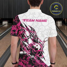 Load image into Gallery viewer, Back view of a male model in a white bowling polo shirt showcasing pink camo streak accents and bowling motifs.