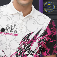 Load image into Gallery viewer, Left chest close-up of a white bowling polo shirt featuring pink camo bowling artwork and a faint bowling ball pattern.