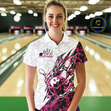 Load image into Gallery viewer, Female model wearing a white bowling polo shirt at the lane with pink camo-inspired bowling graphics and subtle bowling ball patterns.