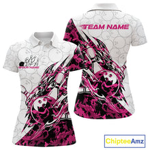 Load image into Gallery viewer, Front and back views of a white womens bowling polo shirt showcasing bowling ball and pin artwork with sharp pink camo streaks.
