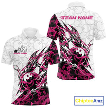 Load image into Gallery viewer, Front and back views of a white mens bowling polo shirt featuring bowling ball and pin artwork with sharp pink camo streaks.