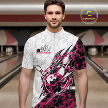 Load image into Gallery viewer, Male model wearing a white bowling quarter-zip shirt at the lane with pink camo-inspired bowling graphics and subtle bowling ball patterns.