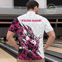 Load image into Gallery viewer, Front view of a male model in a white bowling quarter-zip shirt displaying pink camo streak accents and bowling motifs.