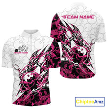 Load image into Gallery viewer, Front and back views of a white mens bowling quarter-zip shirt featuring bowling ball and pin artwork with sharp pink camo streaks.