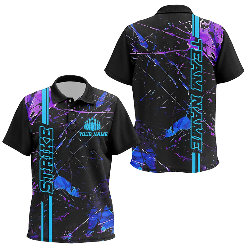 Custom Blue And Purple Strike Bowling Polo Shirts For Kid, Camo Bowling Team Jerseys IPHW6425