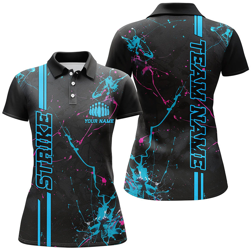 Custom Blue And Pink Strike Bowling Shirts For Women, Camo Bowling Team Jerseys IPHW6429