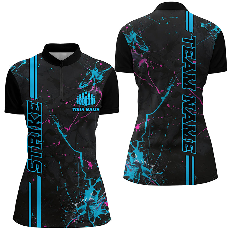 Custom Blue And Pink Strike Bowling Shirts For Women, Camo Bowling Team Jerseys IPHW6429
