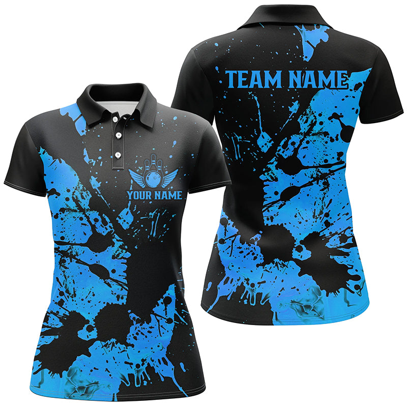 Custom Name Black And Blue Bowling Team Shirts For Women, Bowling League Jerseys IPHW6431