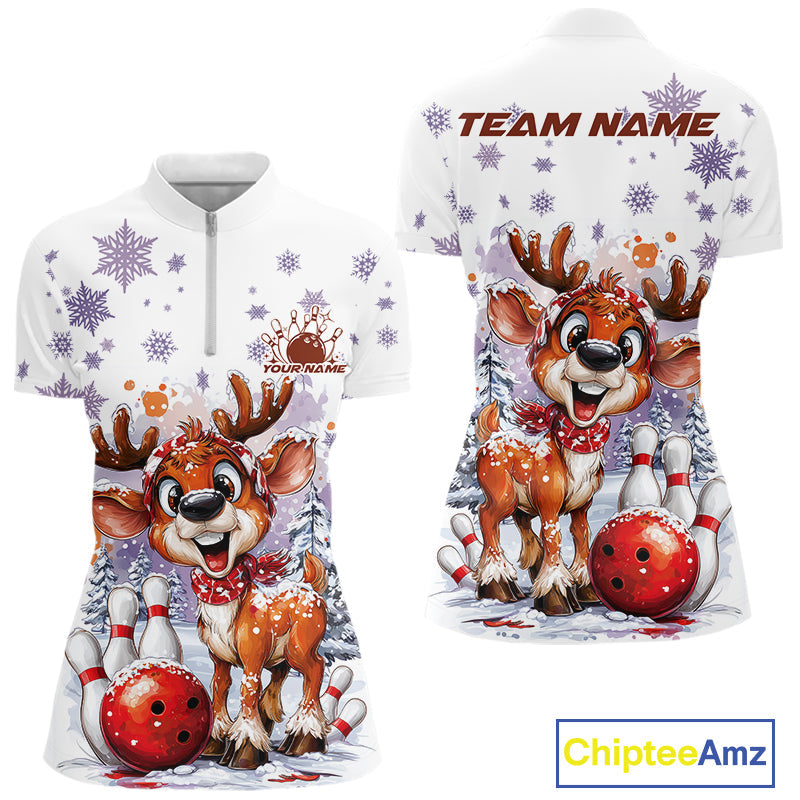 Custom Cute Funny Reindeer Christmas Bowling Women Quarter-Zip Shirt, Xmas Bowling Shirt IPHW10112