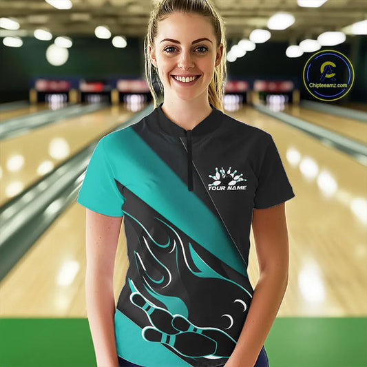 Custom Black And Turquoise Blue Flame Bowling Women Shirt, Team Bowling League Shirt IPHW10255