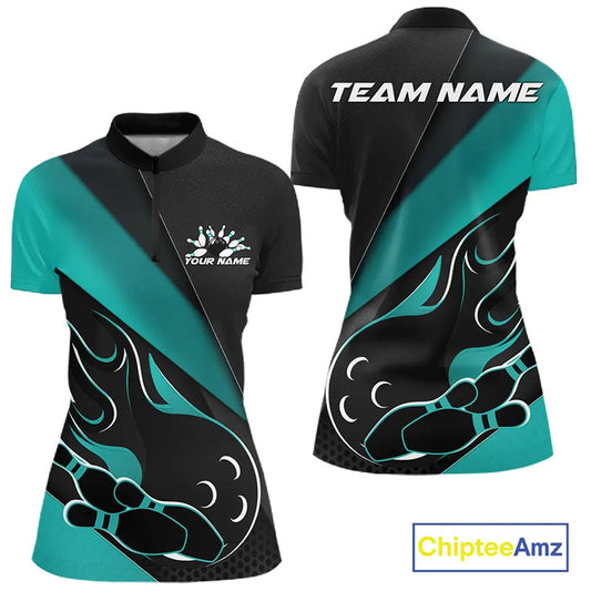 Custom Black And Turquoise Blue Flame Bowling Women Shirt, Team Bowling League Shirt IPHW10255