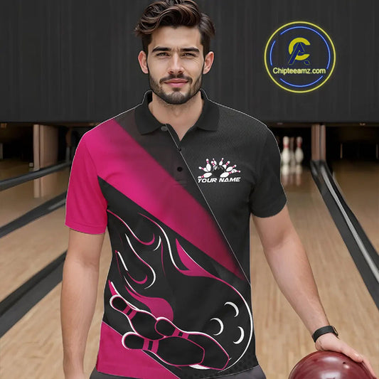 Custom Black And Pink Flame Bowling Men Polo Shirt, Team Bowling League Shirt IPHW10256