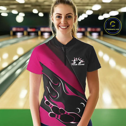 Custom Black And Pink Flame Bowling Women Quarter-Zip Shirt, Team Bowling League Shirt IPHW10256