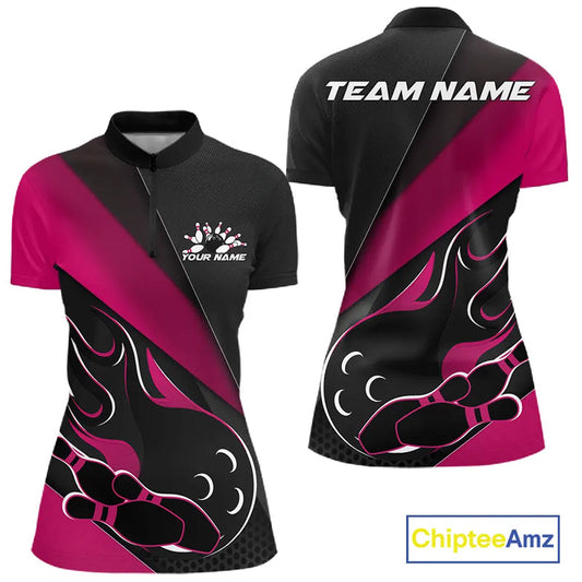 Custom Black And Pink Flame Bowling Women Quarter-Zip Shirt, Team Bowling League Shirt IPHW10256