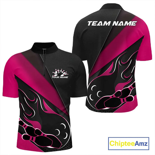 Custom Black And Pink Flame Bowling Men Quarter-Zip Shirt, Team Bowling League Shirt IPHW10256