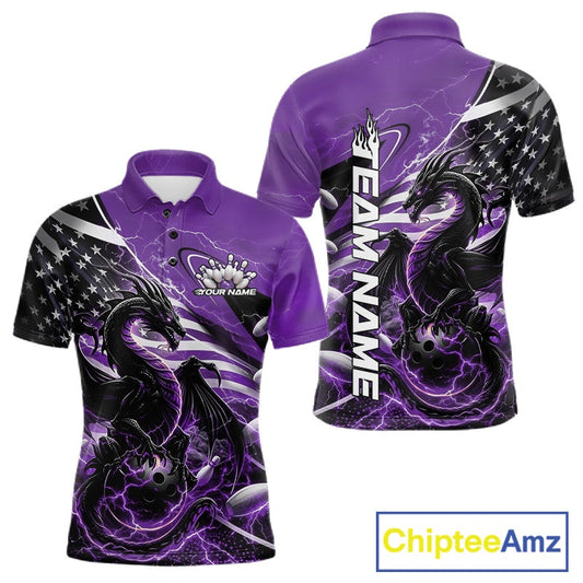 Custom Purple Thunder Lightning Patriotic Dragon Bowling Shirts, Freedom US Flag Bowling Jerseys Bowlers Outfit IPHW10485