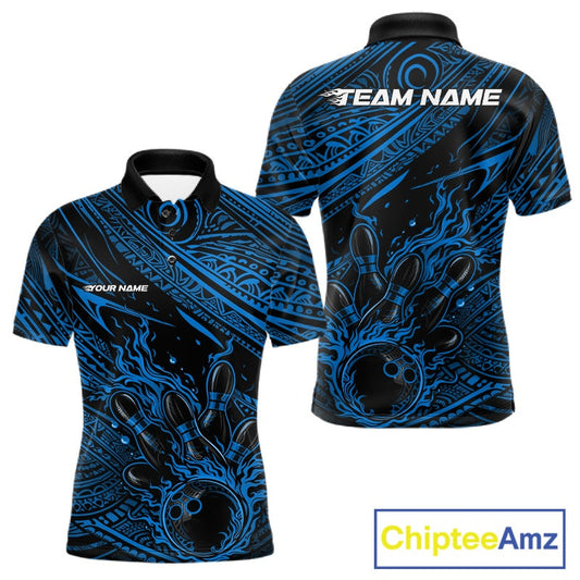 Custom Black And Blue Tribal Flame Bowling Ball Bowling Team Shirts, Polynesian Bowling Tournament Shirt IPHW10487