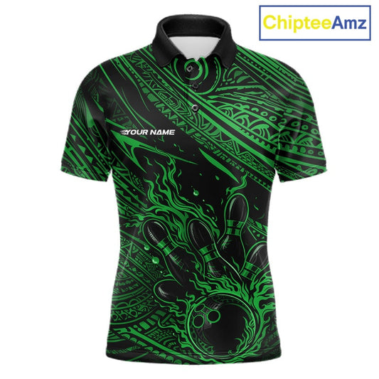 Custom Black And Green Tribal Flame Bowling Ball Bowling Team Shirts, Polynesian Bowling Tournament Shirt IPHW10490