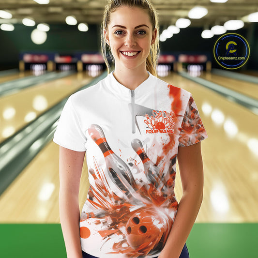 Custom Black And Orange Women Bowling Team Shirts, Bowling League Shirt Bowlers Outfit IPHW10785