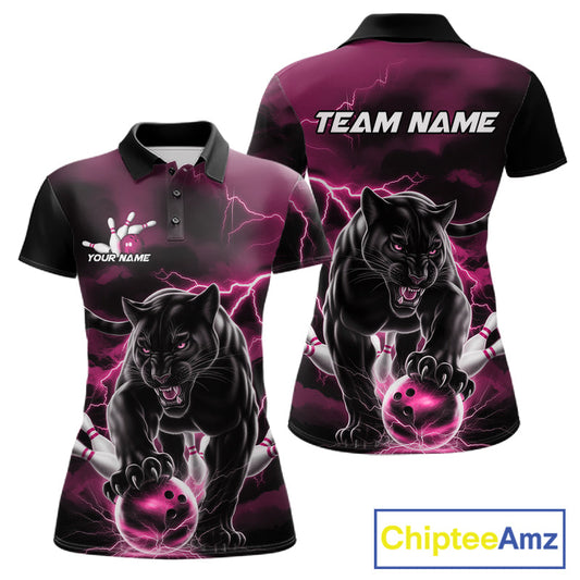 Pink Thunder Lightning Custom Panther Women Bowling Polo Shirts, Panther Bowling Jerseys IPHW10794