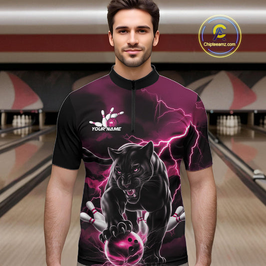 Pink Thunder Lightning Custom Panther Men Bowling Quarter-Zip Shirts, Panther Bowling Jerseys IPHW10794