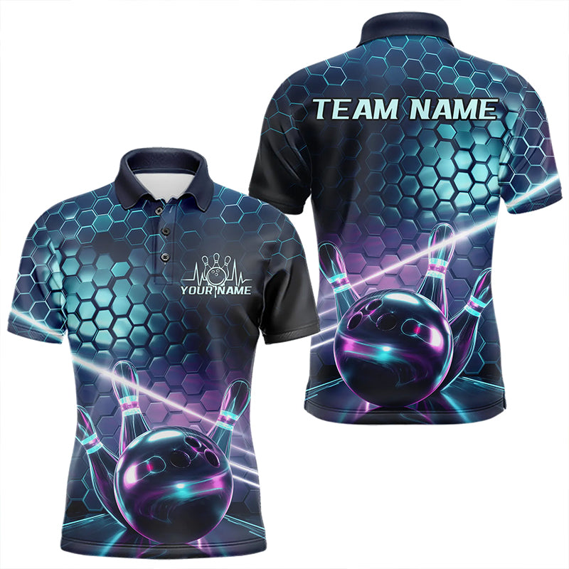 Custom Blue And Purple Holographic Bowling Team Polo Shirts For Men, Bowlers Outfit IPHW8901