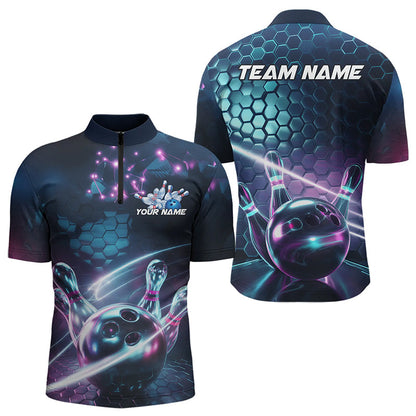 Custom Hexagon Holographic Bowling Team Men Quarter-Zip Shirts, Galaxy Bowling League Shirt IPHW8903