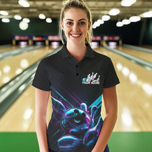 Load image into Gallery viewer, Custom Black, Blue And Purple Holographic Bowling Women Polo Shirts, Bowling Team Uniform IPHW8905