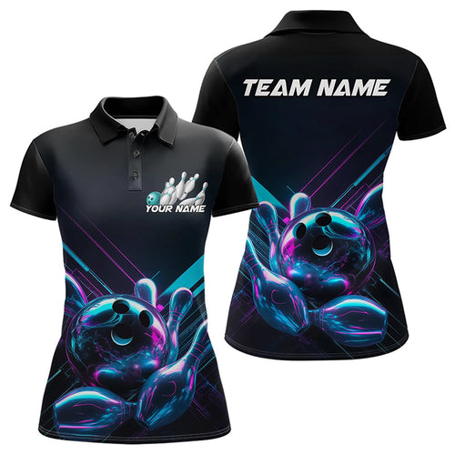 Custom Black, Blue And Purple Holographic Bowling Women Polo Shirts, Bowling Team Uniform IPHW8905
