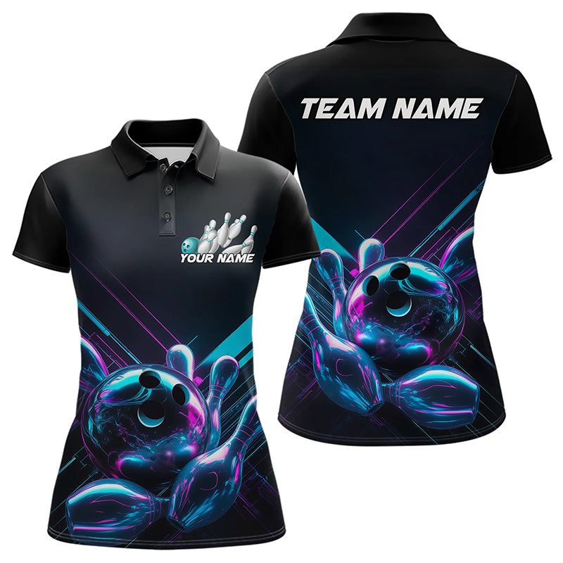 Custom Black, Blue And Purple Holographic Bowling Women Polo Shirts, Bowling Team Uniform IPHW8905