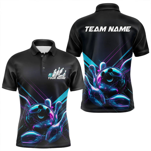 Custom Black, Blue And Purple Holographic Bowling Polo Shirts For Men, Bowling Team Uniform IPHW8905
