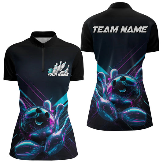Custom Black, Blue And Purple Holographic Bowling Quarter-Zip Shirts For Women Team Uniform IPHW8905
