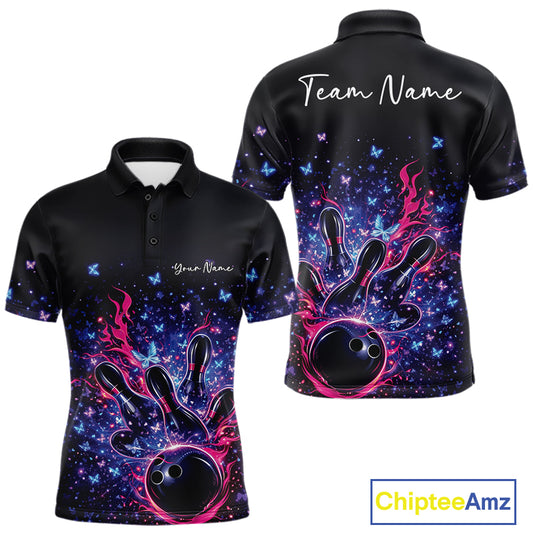 Front and back views of a colorful mens bowling polo shirt showcasing flaming bowling ball artwork and sparkling butterflies.