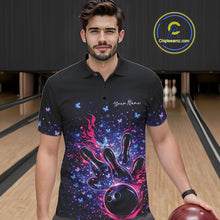 Load image into Gallery viewer, Male model wearing a colorful bowling polo shirt at the lane with flames, bowling pins, and butterfly graphics.