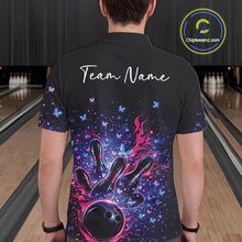 Load image into Gallery viewer, Back view of a male model in a colorful bowling polo shirt featuring sparkling butterfly bowling artwork.