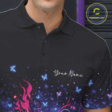 Load image into Gallery viewer, Left chest close-up of a colorful bowling polo shirt with fiery bowling graphics and sparkling butterfly accents.